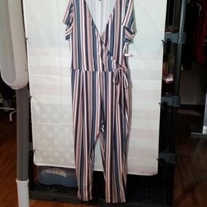 Derek Heart Navy, White & Red Striped Wrap Jumpsuit